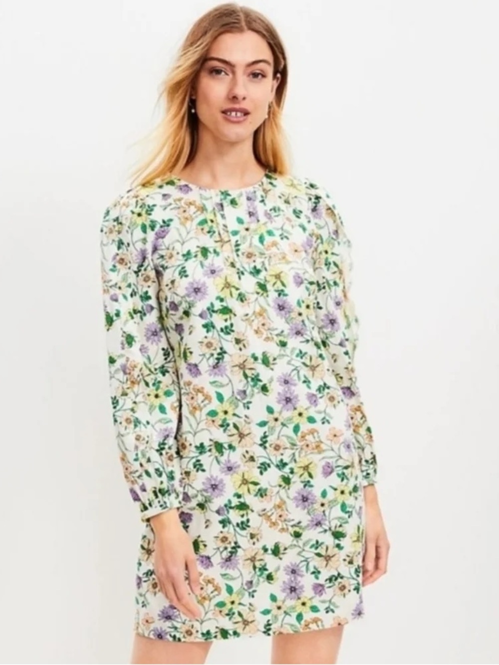 Loft Linen Blend Floral Scalloped Long Sleeve Botanical Print Dress 8 Petite